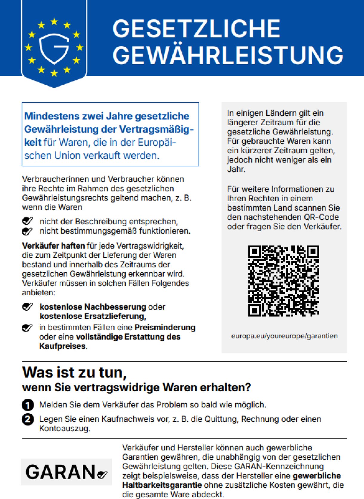 Hinweis zum gesetzlichen Gewährleistungsrecht in der EU